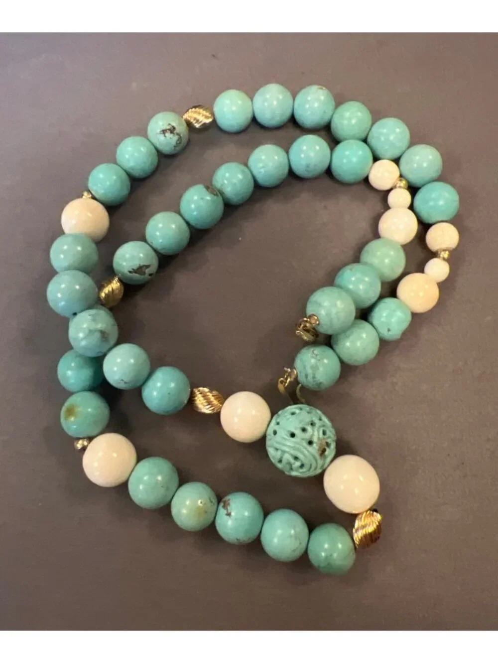 Vintage 14K Clasp & Beads Blue & White Beaded Necklace Carved Centerpiece